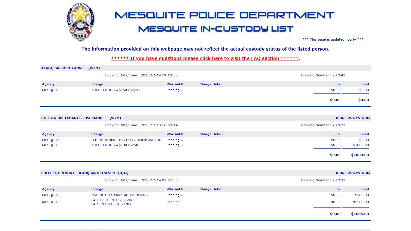 Jail List - Mesquite Police Department